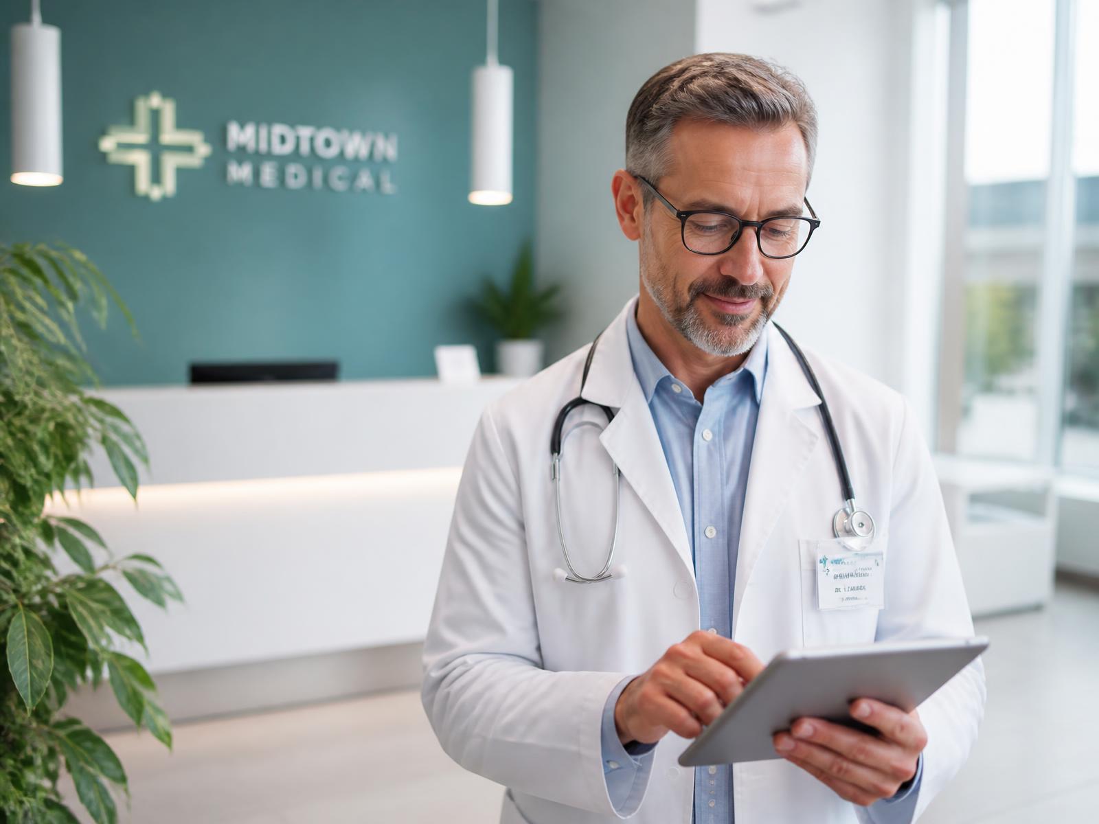 Médico usando tablet na recepção de uma clínica